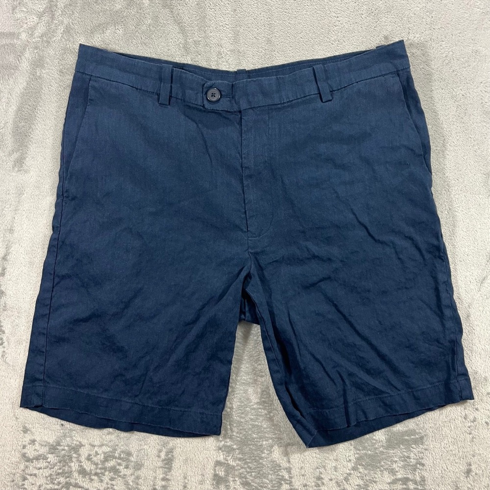 CUBAVERA Linen Blend Shorts Mens 34 Navy Blue Good Flat Front Casual Summer